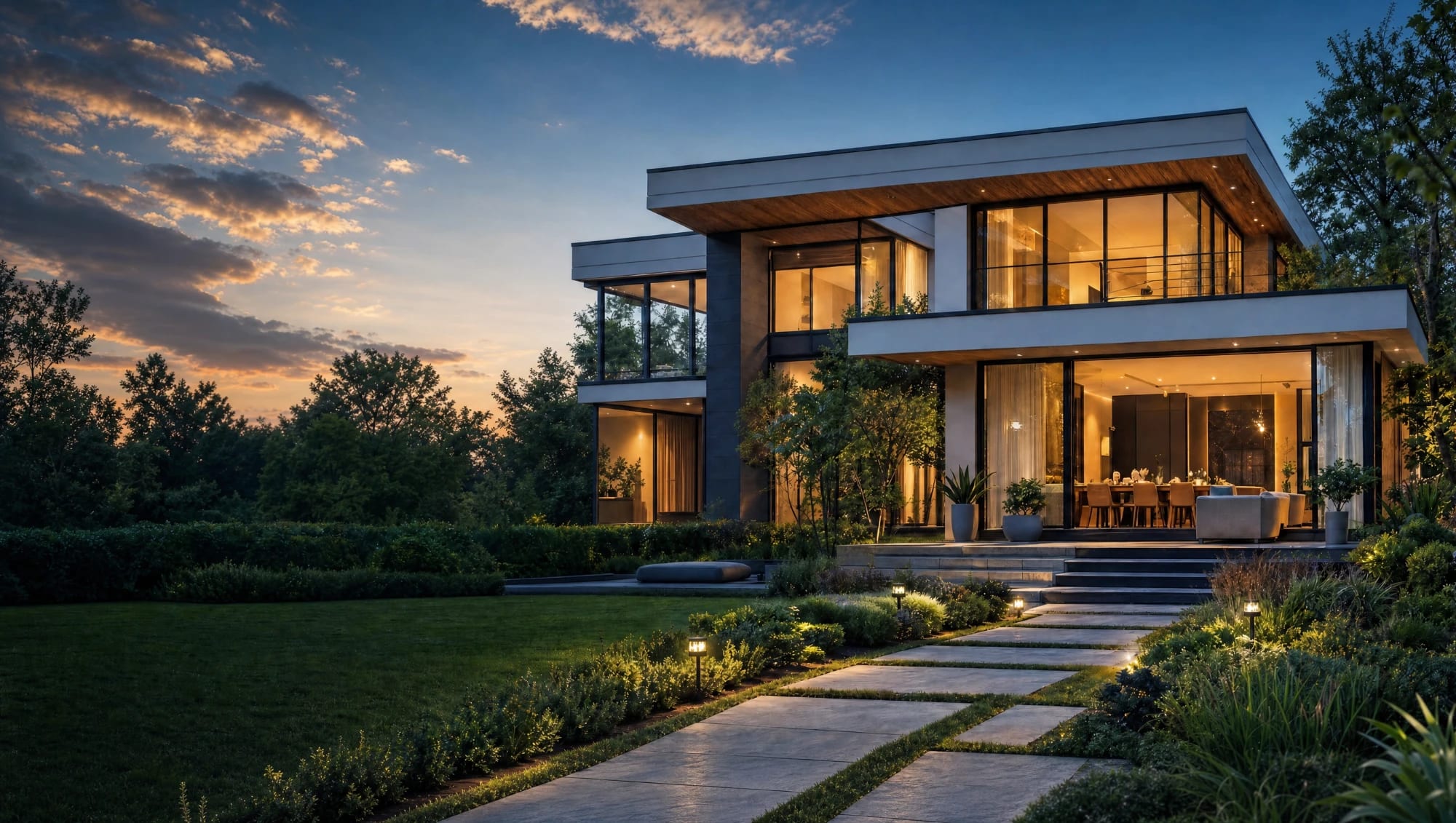 Modern two-storey home with warm interior lights and a landscaped garden at dusk